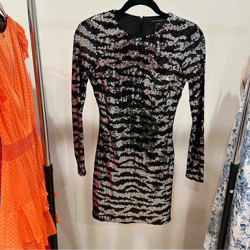 French Connection Black & Silver Sequin Zebra-Print Long Sleeve Dress